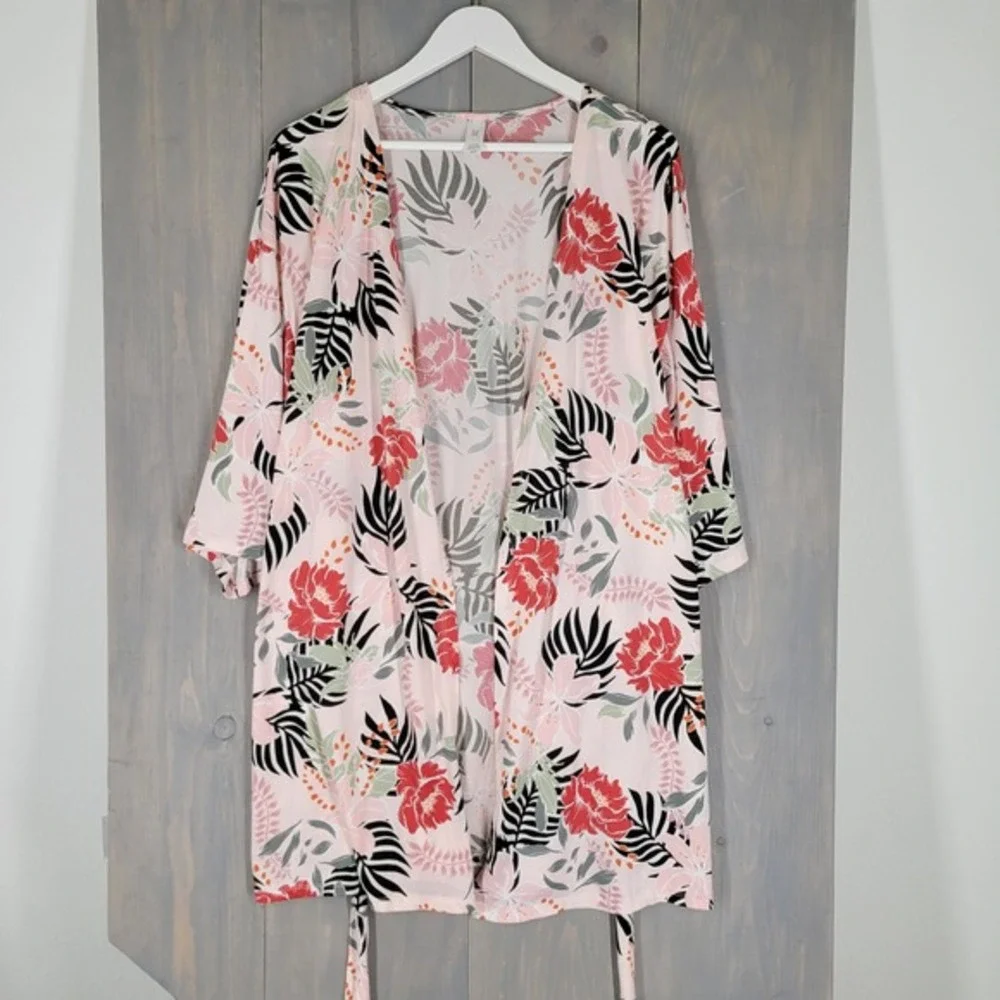Flora Nikrooz Floral Robe Women Large Pink Tropical Palm Leaf‎ Kimono